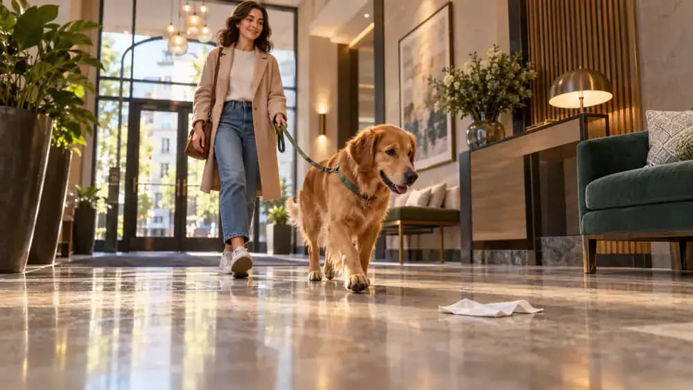 Dog walking calmly on a loose leash beside its owner in an apartment lobby, passing a clean napkin dropped on the floor.