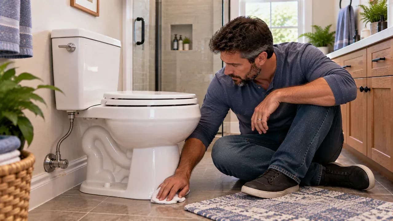 Side view of a fully assembled toilet left untouched after flushing while a homeowner waits several minutes, then checks for refill noise, moisture near the supply connection, and water on the floor.