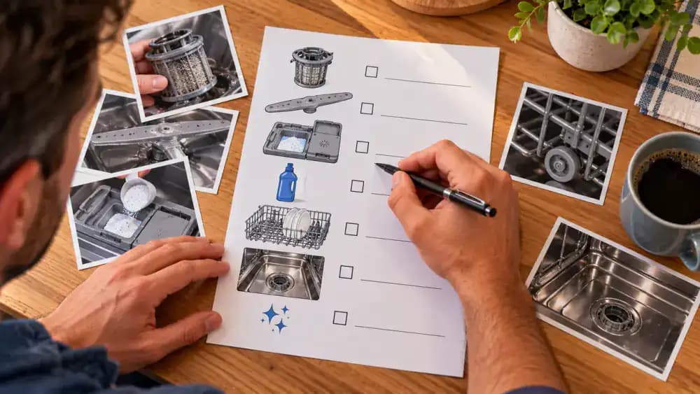 Overhead view of a person completing a dishwasher maintenance checklist on a wooden kitchen counter, recording water hardness, detergent dosage, rinse aid settings, filter inspections, and approved cleaning intervals before placing the checklist in a protective sleeve inside a cabinet.