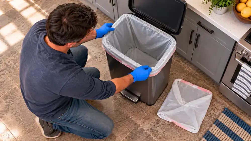 Gloved person in a bright kitchen evenly loading lightweight trash into a lined garbage can and lifting the partially filled liner straight upward with clear space around the rim.