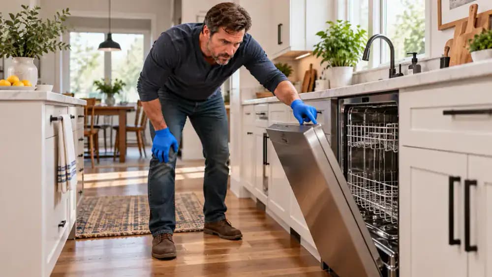 Adult starting an empty dishwasher rinse cycle and checking the door seam and nearby floor for leaks during the first minutes of operation.
