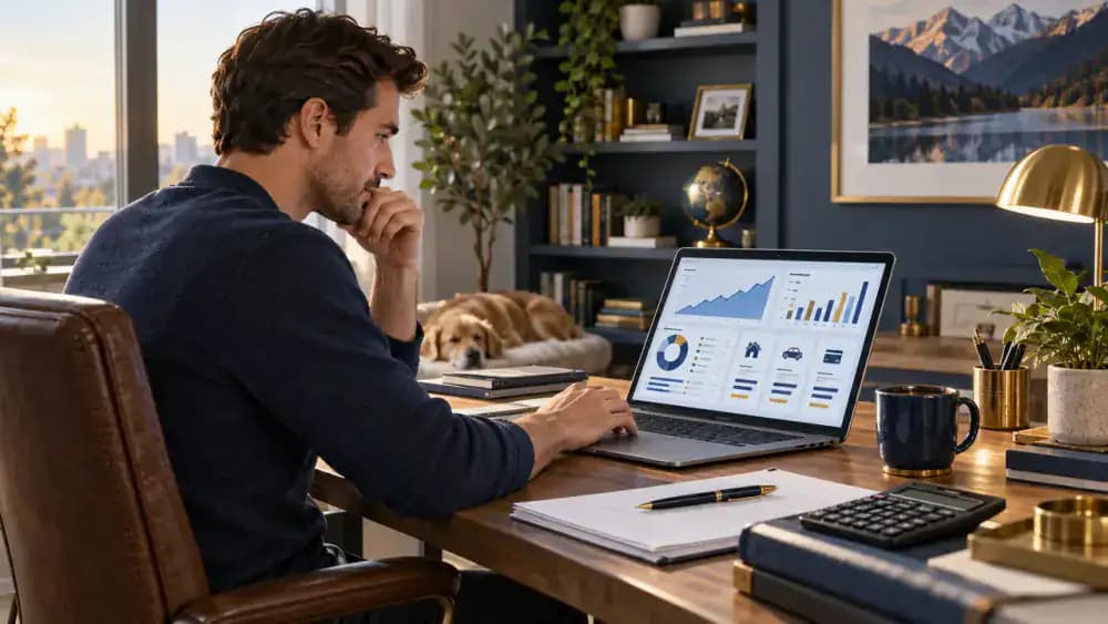 Consumer researching auto financing and insurance information on a laptop at home.