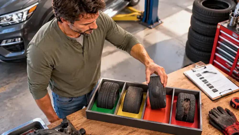 Vehicle owner placing a miniature tire model with a sidewall bulge into a professional service tray at a workshop decision station, with reference models of a flat tire, exposed cords, and severe tread damage nearby.