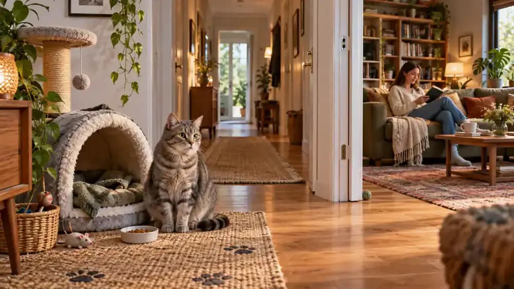 Wide view of a home with a quiet bedroom containing the gray tabby's familiar bed, a clear hallway leading to a living room, a guest reading quietly, and the owner placing a small treat dish nearby.