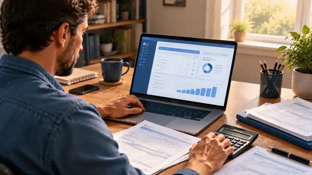 Person calmly reviewing a laptop screen beside a calculator and tax paperwork.