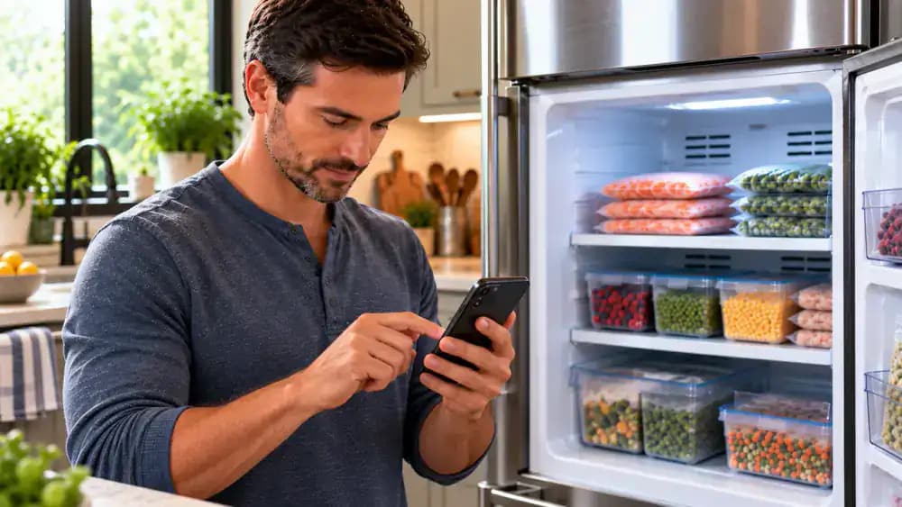 Homeowner creating a recurring freezer care reminder in a smartphone calendar app beside a freezer