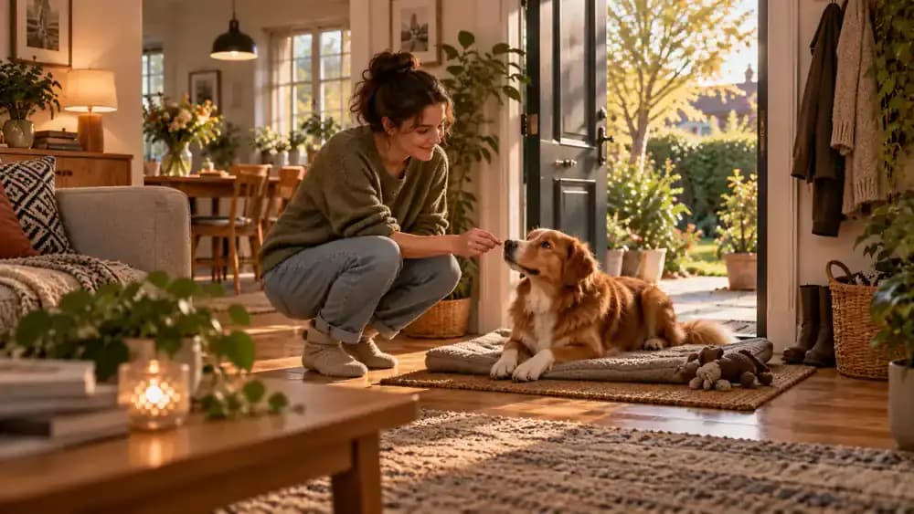 Owner calmly rewarding dog for resting and moving through the home