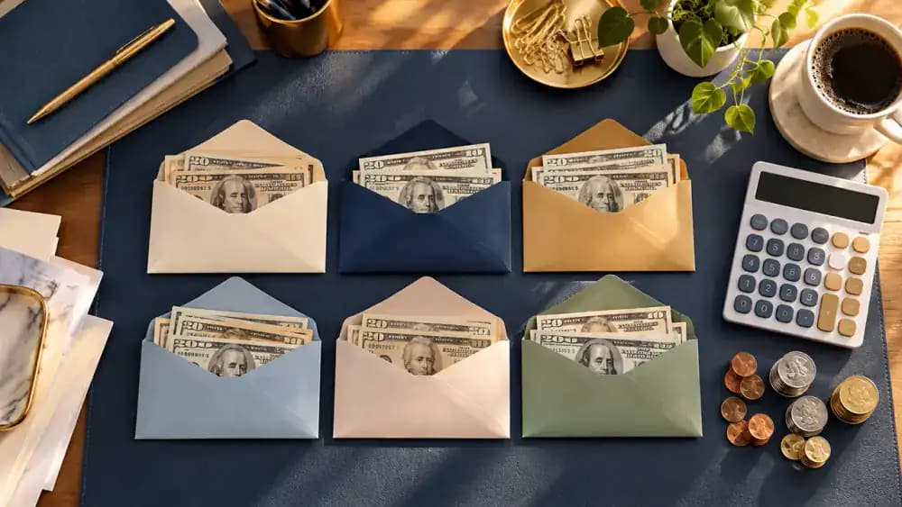 Household budgeting arrangement with separated cash envelopes, calculator, and coins representing available repayment funds.