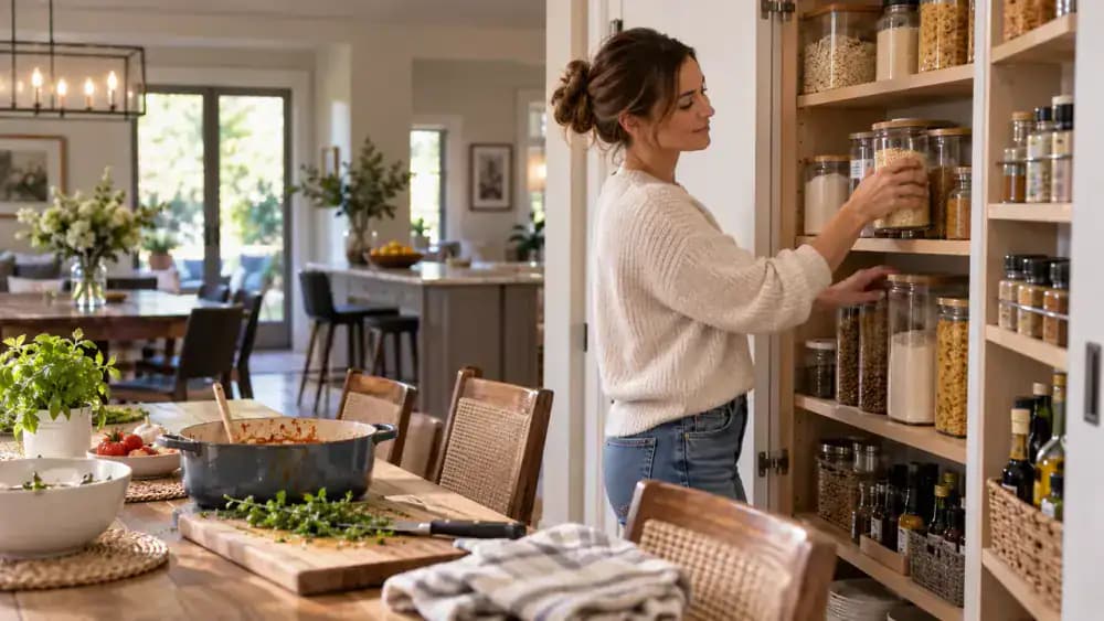 Person returning tightly closed ingredient containers to designated shelves in a clean, organized kitchen pantry, placing a sealed snack package inside a storage bin, and checking dry laminate shelving for crumbs.