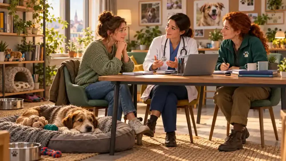 Pet owner meets with a veterinary professional and rescue organization representative at a community support center to review a manageable care plan while a dog rests calmly nearby.