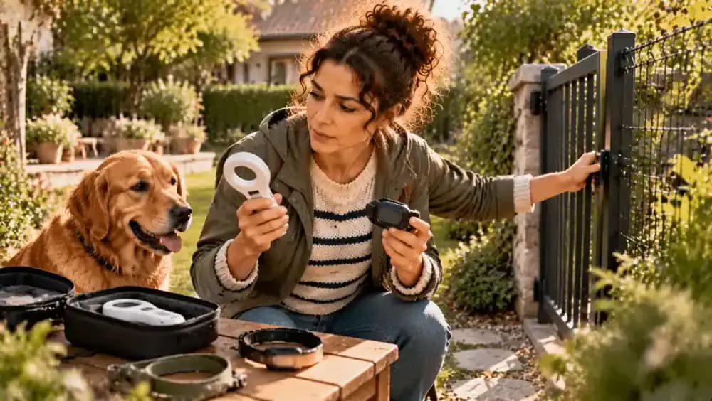 A pet owner compares a microchip scanner with a GPS tracking device, then secures a garden gate, checks the fence, and attaches a leash to a dog's harness.