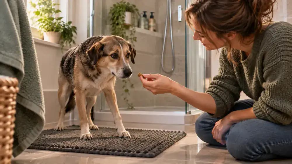 Owner practicing dry mat training with a worried rescue dog in a quiet bathroom, offering a treat on an open palm while the faucet remains off.