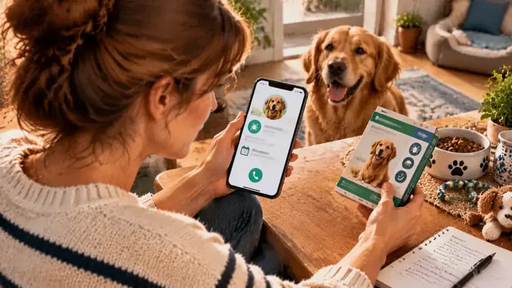 Pet owner comparing a phone reminder with the pet's name, recorded parasite prevention product, and current instructions before setting the product aside and contacting the veterinary clinic.