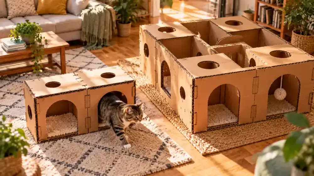 Comparison of a large cardboard cat maze with unused chambers and a smaller simplified layout as an owner removes extra boxes and a tabby explores the compact design.