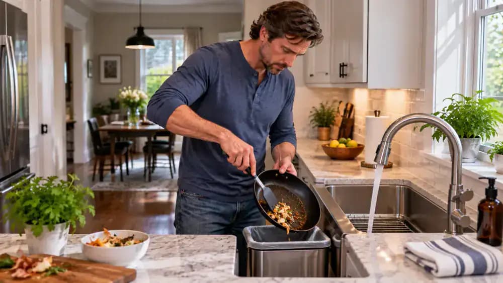 Homeowner scraping food scraps into the trash, placing cooled grease in a separate container, and running cool water through a kitchen sink beside a weekly splash-guard cleaning reminder.