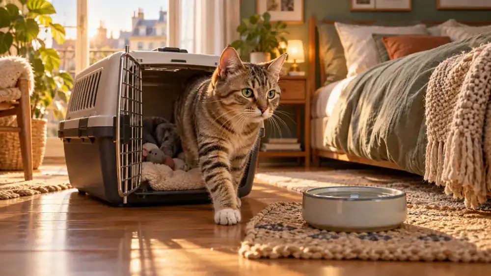 Pet owner reviewing a postvisit monitoring checklist beside a comfortably resting golden retriever