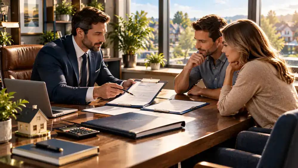 Insurance professional reviewing policy documents with a homeowner during an office meeting.