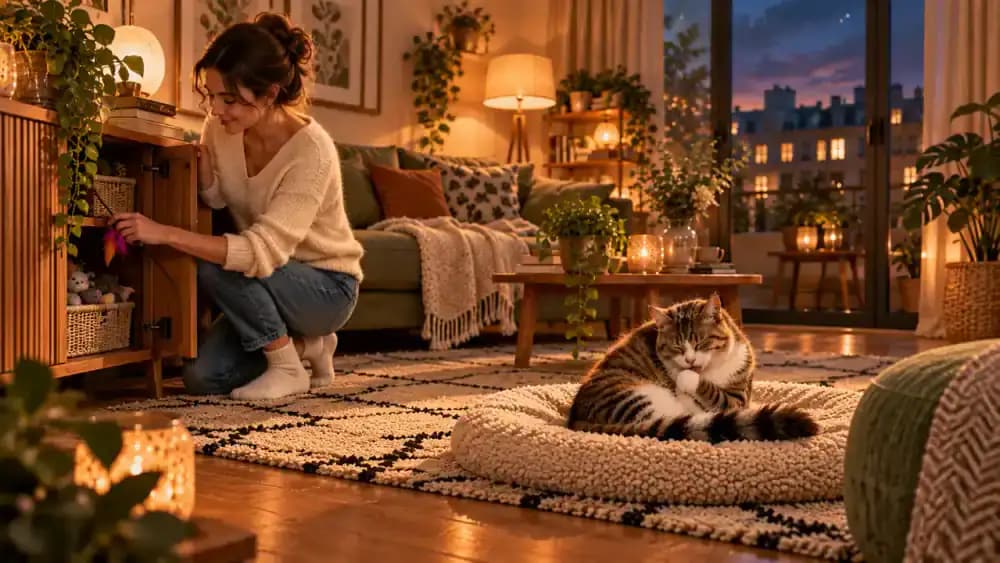 Cat grooming calmly after an evening play session