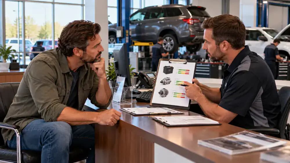 Vehicle owner reviewing a staged battery assessment report, charging-system information, and proposed repair with a service advisor at an American dealership.