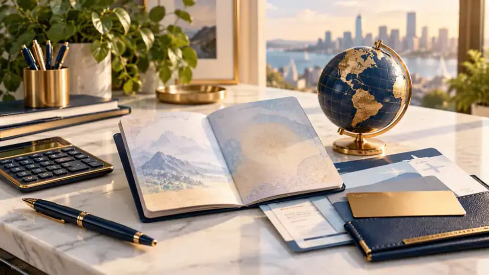 Open U.S. passport, globe, and travel documents organized on a desk.