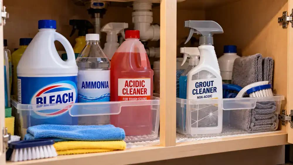 Homeowner wearing blue nitrile gloves examining sealed acidic, bleach-based, and ammonia-based cleaner bottles in a kitchen supply cabinet, checking a chemical safety warning before selecting an approved non-acidic tile and grout cleaner.