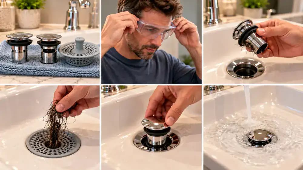 Six-panel instructional illustration showing a homeowner checking bathroom sink drainage, confirming no chemical cleaner was used, wearing protective gear, gently removing hair with a plastic drain tool, reinstalling the pop-up stopper, and testing water flow.