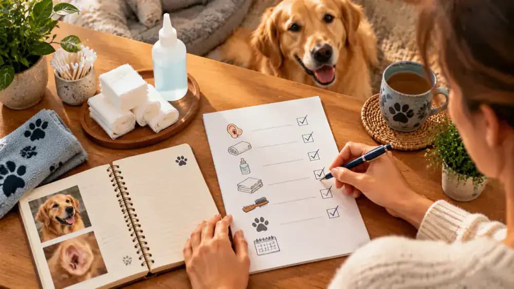 Printed dog ear care checklist beside fresh gauze, a canine ear cleaner, and a pet health journal as the owner reviews the supplies before storing them neatly.
