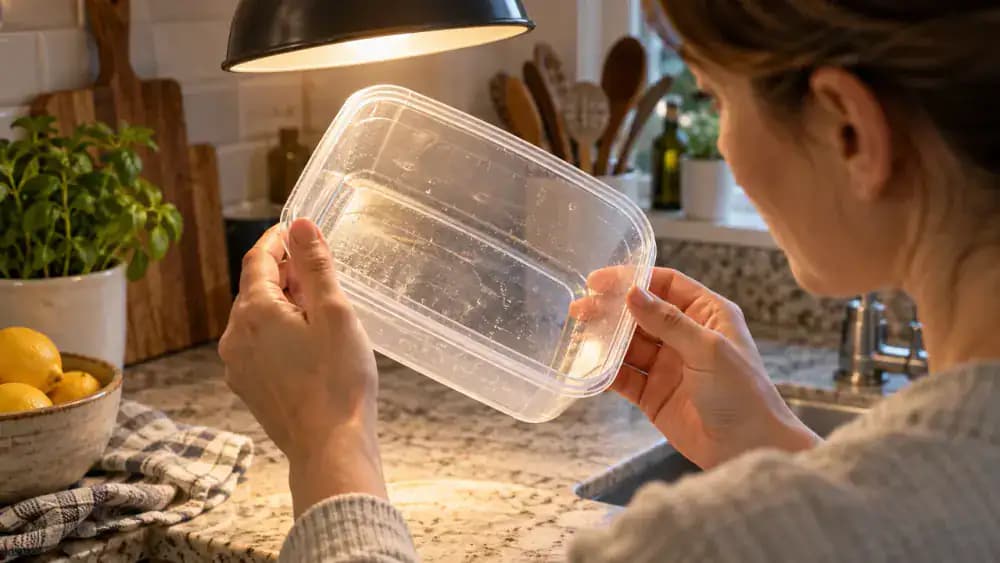 Close-up of a hand sorting plastic food containers on a pale limestone kitchen surface, placing an intact orange-stained container on a storage shelf while a cracked container, warped lid, and torn silicone gasket sit in a labeled Replace tray against an olive-green background.