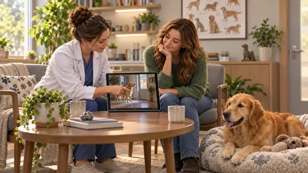 Emma consults a canine behavior specialist who reviews footage on a laptop in a comfortable veterinary behavior office. Bailey rests peacefully on a nearby mat beside a water bowl.