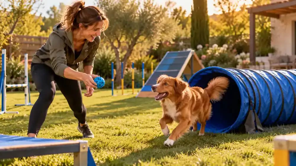 Nova Scotia Duck Tolling Retriever enthusiastically playing with a bright orange retrieving toy after completing a low agility tunnel in a flowering garden, while its owner offers praise with a small treat pouch attached to their belt.