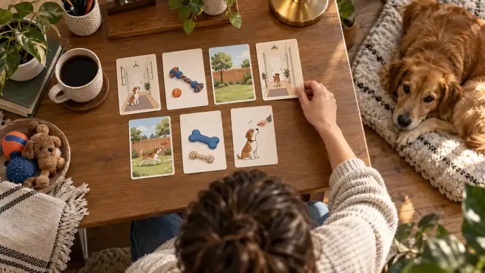 Weekly dog training planner showing hallway exercises, toy distractions, and fenced yard practice