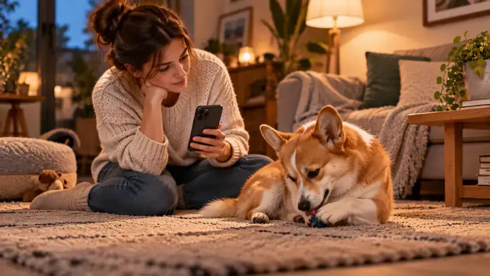 Red and white corgi sitting on a woven rug in a warmly lit living room, focusing on one front paw while its owner observes and records notes in a small notebook.