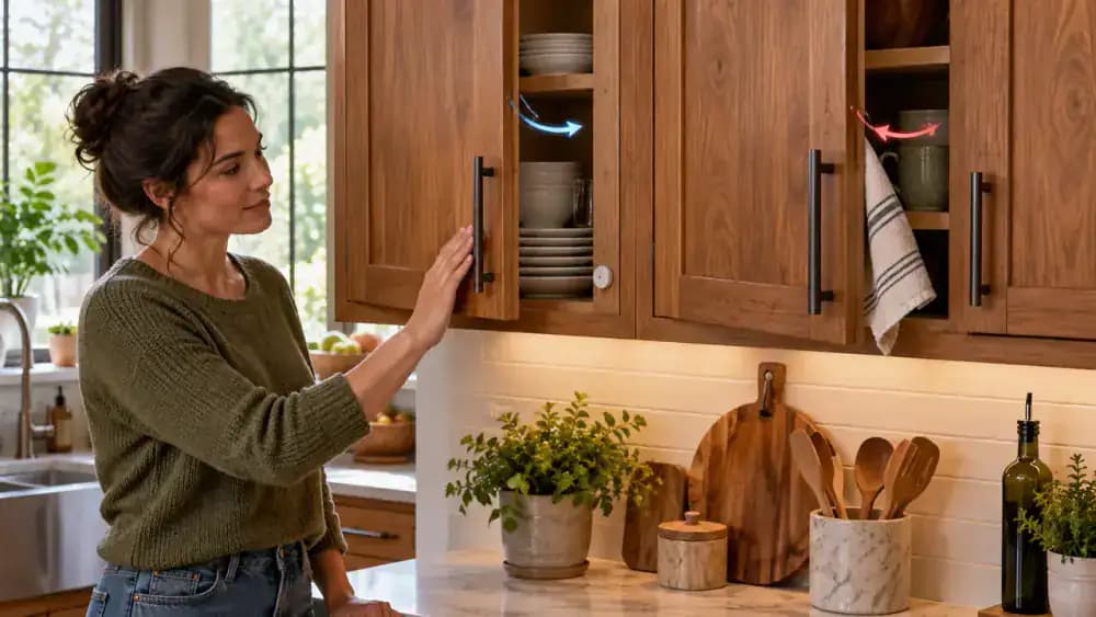 Three satin-finished natural teak kitchen cabinet doors beneath a pale quartz countertop, with one door closed evenly against its silicone bumper and another left partially open after encountering resistance, while an adult examines the alignment.