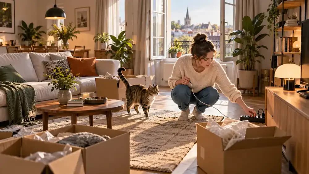 Owner checking boxes, an extension cord, a relocated plant, and an open window after new furniture arrives