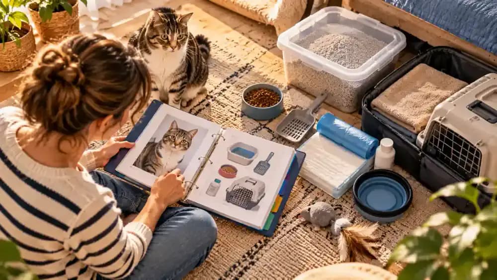 Pet owner preparing a labeled care folder with veterinary contacts, emergency authorization, and litter box instructions, then showing a trusted caretaker spare litter supplies and a contact list displayed on the refrigerator.