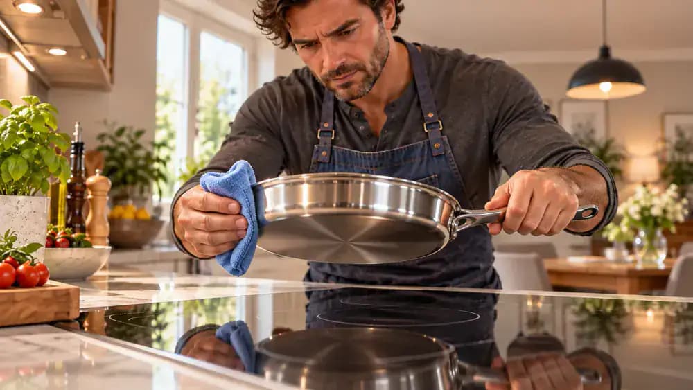Close-up of a person lifting a clean stainless steel skillet completely above a cool black glass-ceramic electric cooktop, showing a visible gap between the pan base and glass before repositioning it onto another burner.