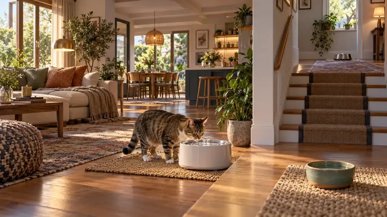 Home with a ceramic bowl stainless steel bowl and clean cat fountain in different accessible locations