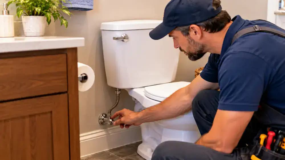 Professional plumber kneeling beside a white two-piece toilet in an American bathroom, visually inspecting the shutoff valve and braided supply line while discussing warning signs with a homeowner, including a cracked tank, external leaks, and persistent running water.
