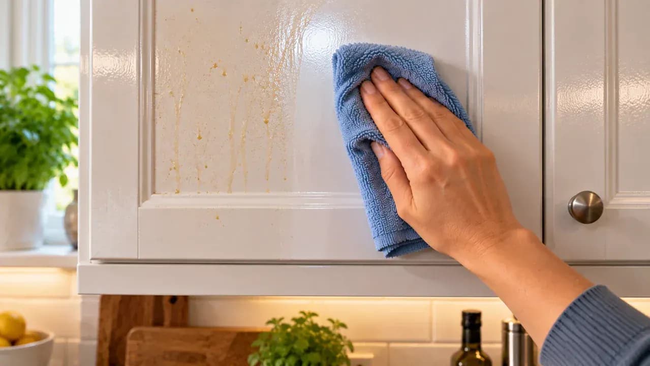 Person standing several feet beside a fully cleaned painted cabinet door under normal ceiling light, comparing reflections across the cleaned panel and surrounding finish for even sheen, residue, or dull spots.