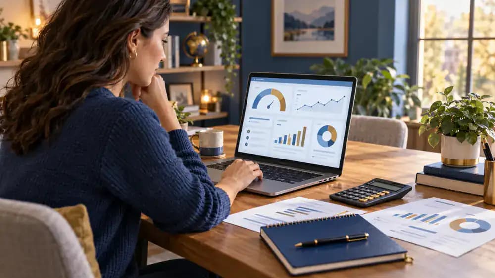 Consumer checking loan status and credit information on a laptop