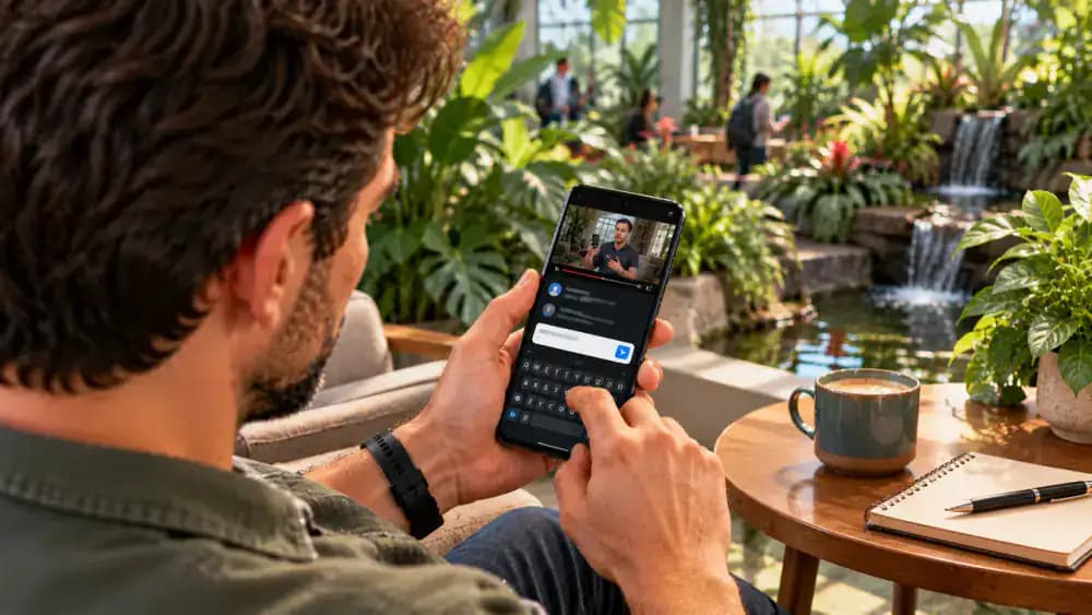 Adult holding an Android smartphone in an indoor botanical garden, typing a fictional battery troubleshooting comment in the YouTube app and checking it for personal information before selecting Post.