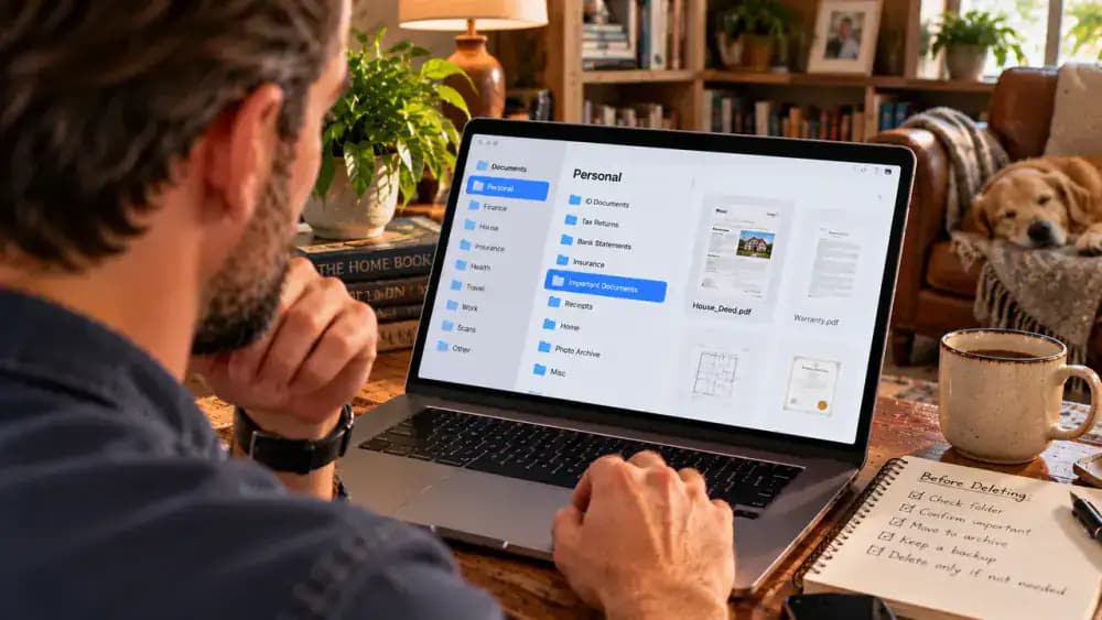 Adult holding an Android smartphone in a cozy upstairs reading nook, pointing to the Internal Storage location for Family Records.pdf in the file manager while a handwritten note says Independent copy not yet confirmed.