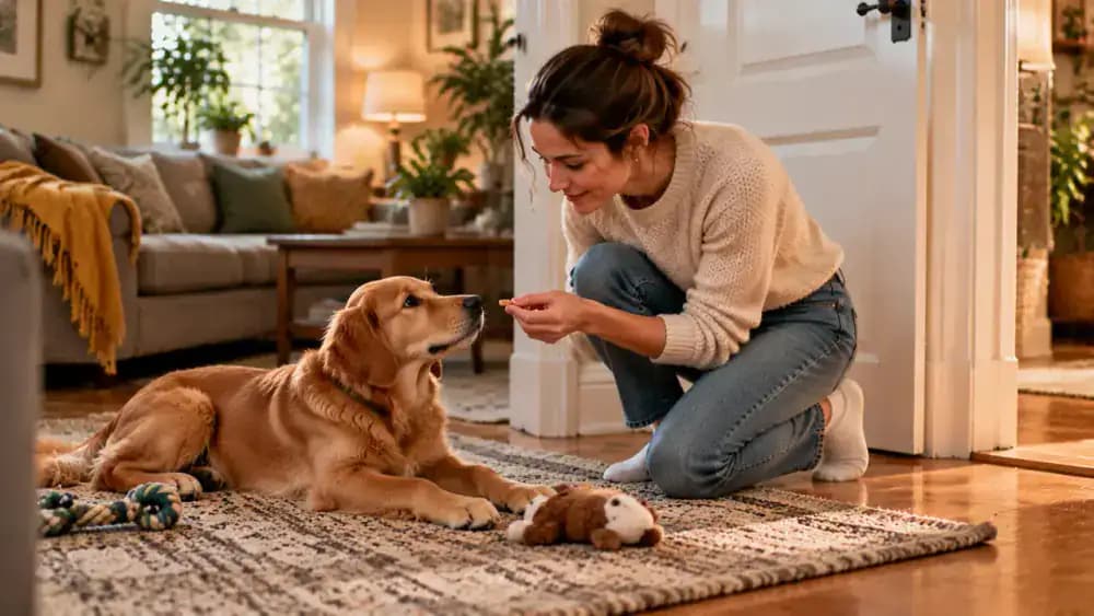 A home entryway with a securely installed pet gate, a closed exterior door, and a leash on a nearby hook as the owner attaches the leash to the dog's harness.