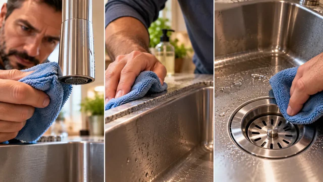 Close-up of a homeowner using the pointed corner of a folded dry microfiber towel to remove droplets from the underside of a stainless steel faucet, sink rim, and drain edge.