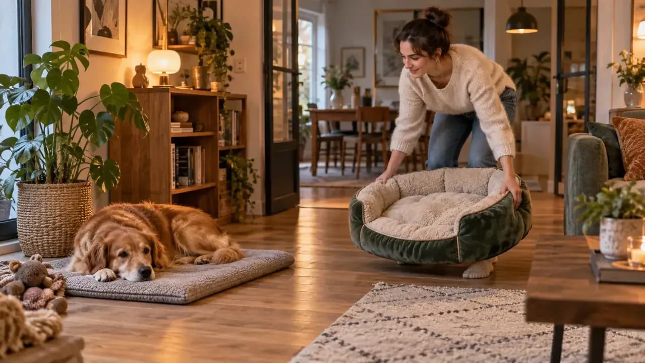 Dog choosing a simple mat in a quiet corner instead of a decorative bed
