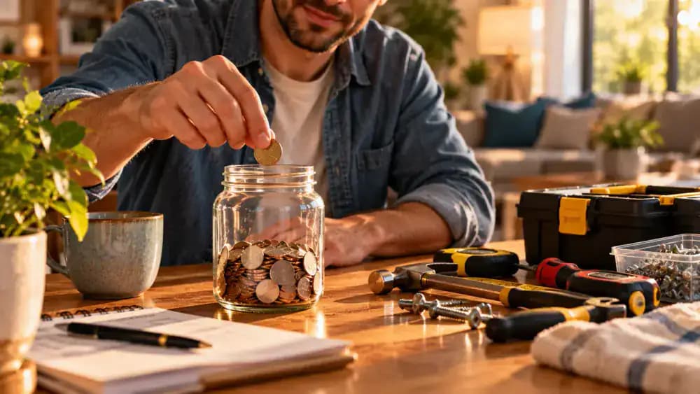 Person placing coins back into a partially filled emergency savings jar after paying for an unexpected repair.