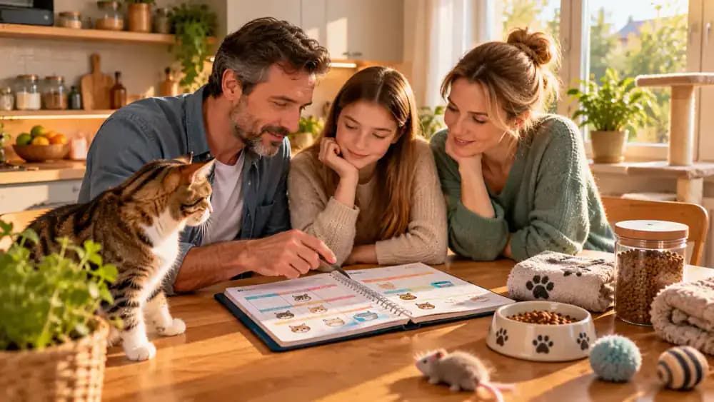 Two adults and a teenager reviewing cat litter box cleaning responsibilities on a magnetic refrigerator planner, checking supply storage, and confirming which interior door must remain open.