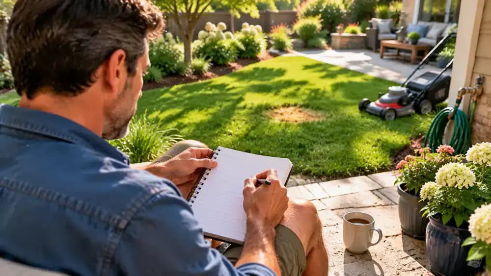 Homeowner recording rainfall, watering, mowing, and lawn observations in a spiral-bound journal while attaching a photo of a yellow grass patch.