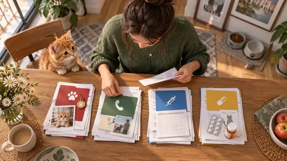 Orange kitten watching as an owner sorts identification, veterinary contacts, vaccination records, and medications