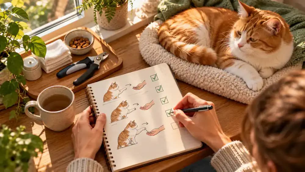 Overhead view of a wooden desk with an open cat training journal showing dated entries, paw diagrams, and checkmarks, while a relaxed ginger-and-white cat rests in a nearby window hammock.